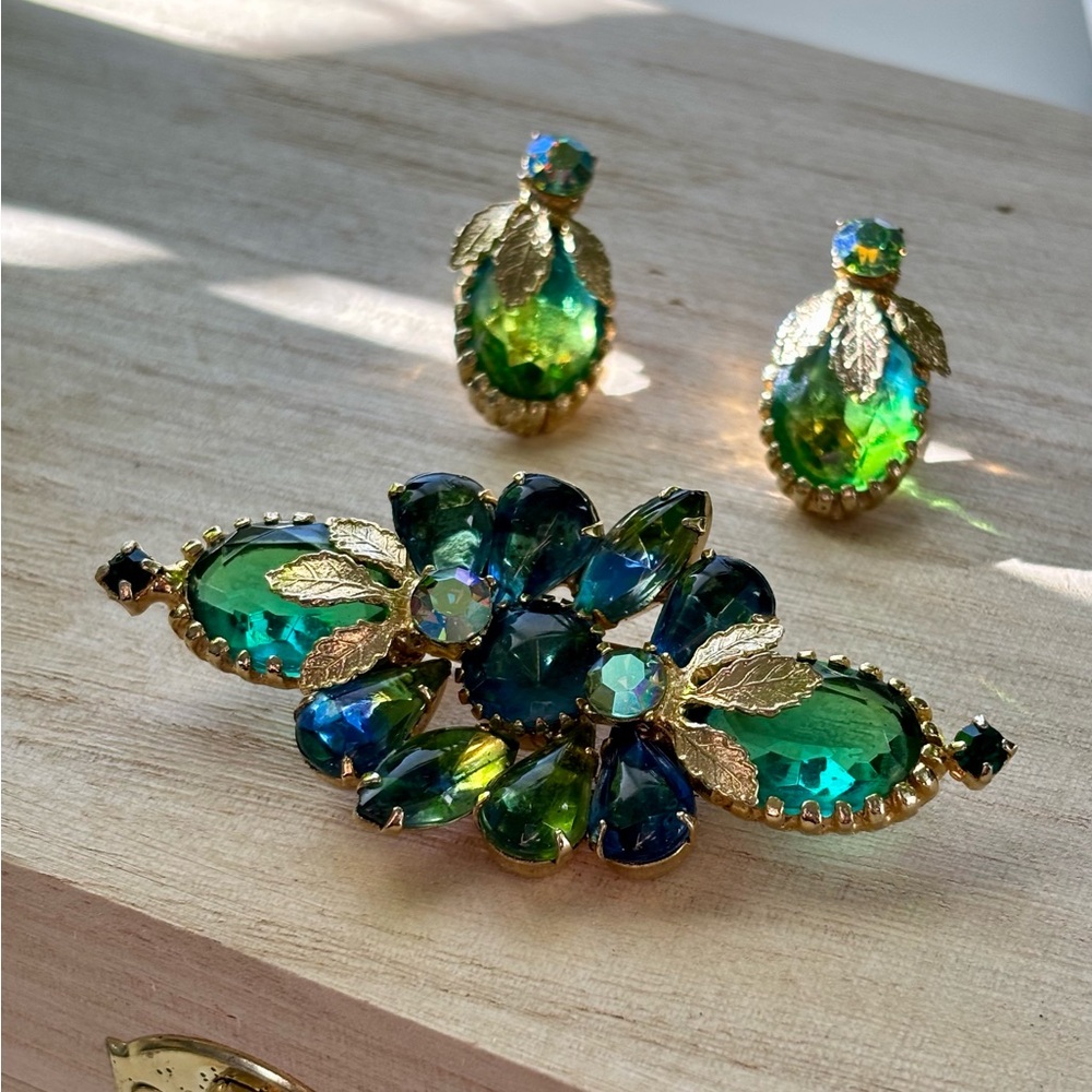 Vibrant Green and Blue Antique Set, Brooch and Earrings with Gold Accents.